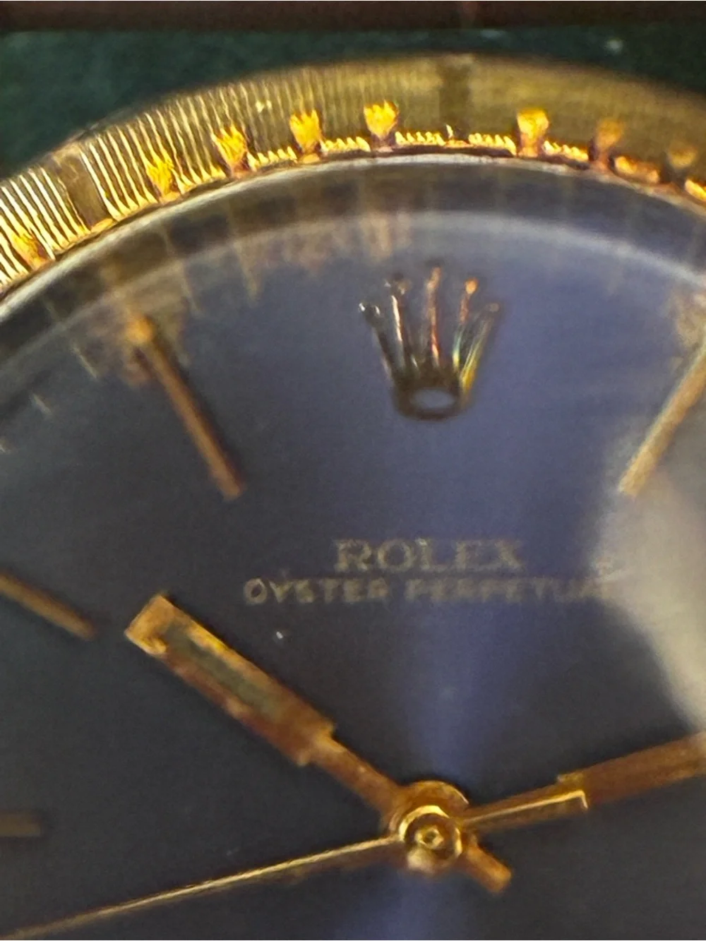 Rolex Oyster Perpetual 18k 35mm Blue Dial Fluted Bezel Watch 1005 W/Box